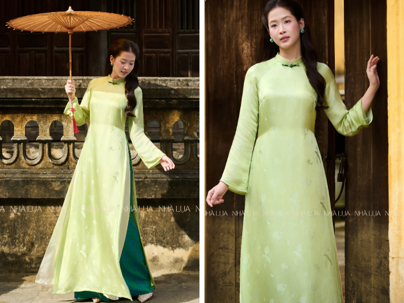 Áo dài xanh lá Nhà Lụa mang sắc lộc biếc, ý nghĩa may mắn và khởi đầu tươi mới, lý tưởng cho du xuân hay lễ hội. Lụa Nha Xá mỏng nhẹ, thoáng mát, duyên dáng cả ngày dài.
