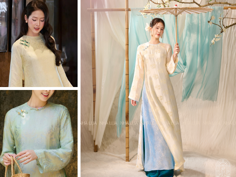 Cổ tròn được yêu thích nhờ đường cắt mềm mại giúp cổ trông dài hơn, mặt thanh thoát hơn, may vừa phải ôm nhẹ chân cổ, lụa tơ tằm mềm không nhăn, phù hợp mọi vóc dáng và lứa