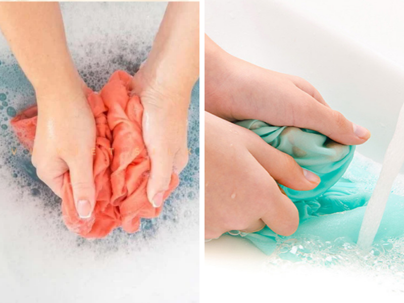 Không giặt máy chế độ thường vì dễ làm hỏng thớ vải, giặt tay nhẹ nhàng là cách tốt nhất để bảo vệ từng đường kim mũi chỉ trên áo