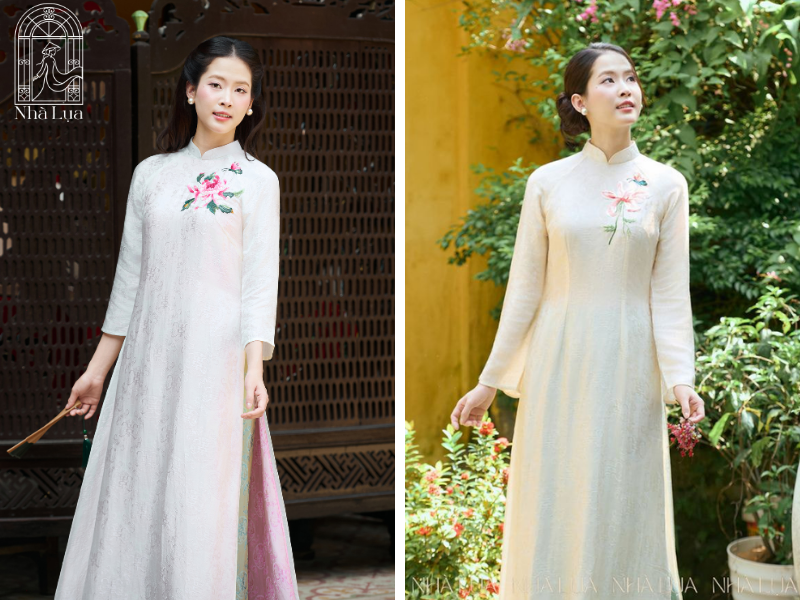 Áo dài lụa thêu tay họa tiết hoa sen, mẫu đơn tỉ mỉ trên nền lụa Nha Xá, may đo riêng từng người, lộng lẫy và tự tin cho quý mẹ trong mọi dịp tiệc sang trọng