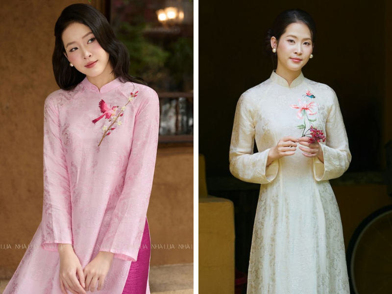 Họa tiết thêu bố trí dọc từ ngực xuống eo hoặc tà áo, tạo hiệu ứng thanh mảnh, cao ráo cho người mặc. Mỗi đường kim mũi chỉ tỉ mỉ, tạo nét độc đáo riêng, xứng tầm áo dài bà sui sang trọng và có giá trị nghệ thuật.
