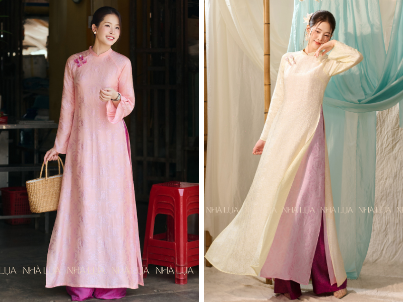 Phom suông rộng rãi, cắt may khéo léo che khéo đường cong, mang lại sự tự do, duyên dáng suốt cả ngày. Lụa tơ tằm nhẹ, rủ mềm, thoáng khí giúp mẹ luôn thanh thoát và rạng rỡ từ đầu đến cuối buổi lễ.