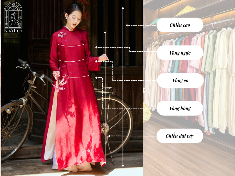 Để may vừa vặn, chuẩn bị sẵn số đo vòng ngực, eo, hông và chiều cao. Nhà Lụa sẽ tinh chỉnh rập cắt, che khuyết điểm và tôn dáng tốt nhất.