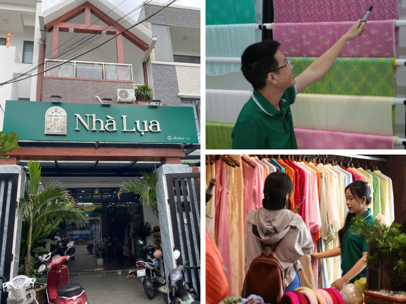Ghé showroom Nhà Lụa để trải nghiệm trực tiếp lụa tơ tằm Nha Xá và thử các mẫu áo dài bà sui tinh tế. Đội ngũ nhân viên sẽ tư vấn tận tình, giúp chọn được mẫu ưng ý, phù hợp vóc dáng và sở thích.