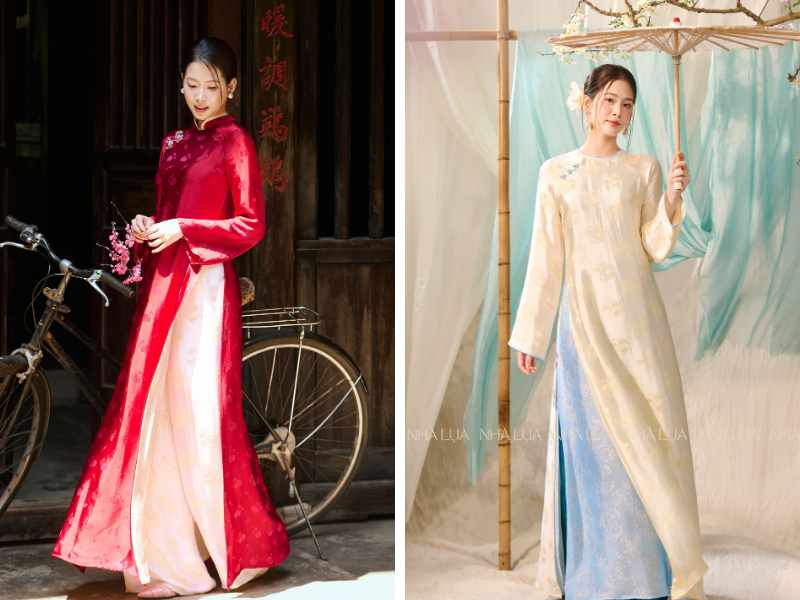 Áo dài bà sui ngày cưới chọn lụa thêu tay đính ngọc trai màu đỏ đô, hồng phấn lộng lẫy, còn đi lễ chùa hay họp mặt thì áo suông trơn màu nhã nhặn, cổ tròn kín đáo là đủ thanh