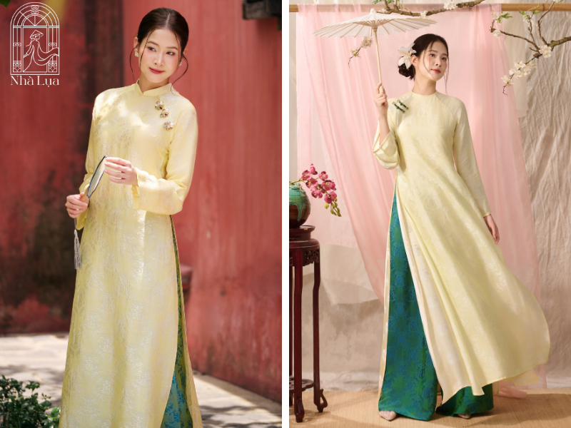 Áo dài dáng suông thoải mái, giấu vòng eo, tone pastel trên lụa tơ tằm Nha Xá thoáng mát, thanh lịch cho khách mời dự tiệc cưới