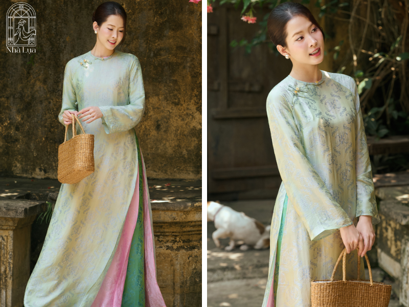 Áo dài xanh lá bắt sáng tự nhiên, tạo thước ảnh trong trẻo, thơ mộng cho kỷ yếu hay du lịch. Lụa Nha Xá mềm mại, bay bổng giú