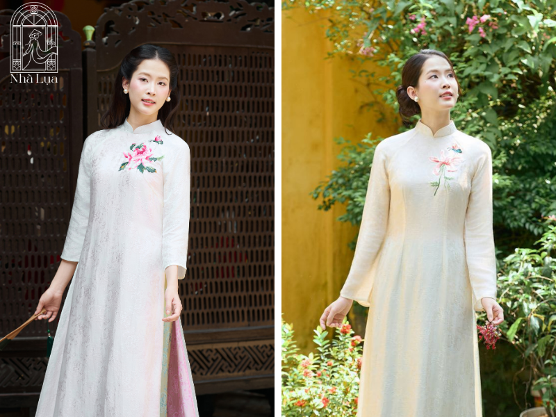 Áo dài dự tiệc cưới thêu tay hoa nhí, cành lá mảnh mai chỉ tơ tinh tế ở cổ, vai hay tà áo, thu hút nhẹ nhàng mà không lấn át cô dâu