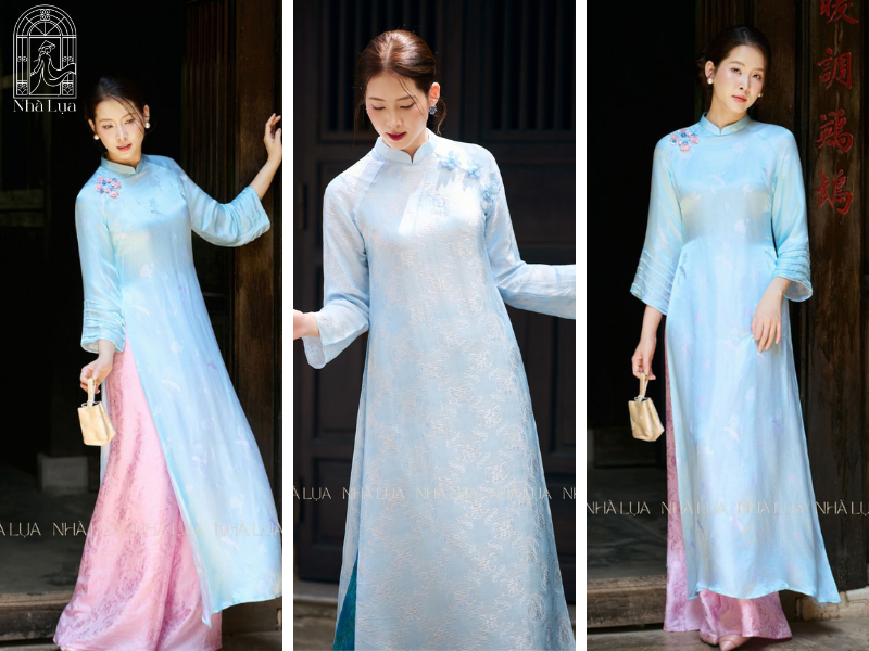 Áo dài suông xanh dương thanh lịch, không kén dáng, dễ phối từ đi làm đến sự kiện trang trọng. Phom rộng giấu vòng hai tinh tế, giữ độ rủ thướt tha đặc trưng của lụa tơ tằm