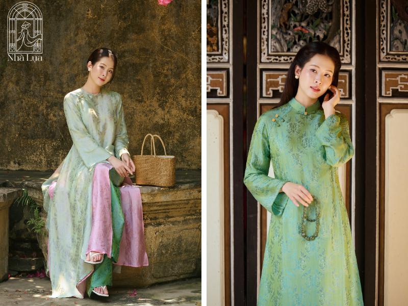 Áo dài 4 tà sang trọng, quý phái hơn cho khách mời áo dài đi đám cưới, tà rộng uyển chuyển trên lụa tơ tằm Nha Xá mềm mại, lướt nhẹ từng bước đi, thanh lịch và đẳng cấp suốt