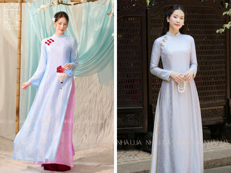 Áo dài xanh dương 4 tà sang trọng, tinh xảo, dành cho tiệc cưới hay lễ hội. Họa tiết thêu tay tiết chế khéo léo, tôn vẻ đẹp lụa tơ tằm mà không rườm rà