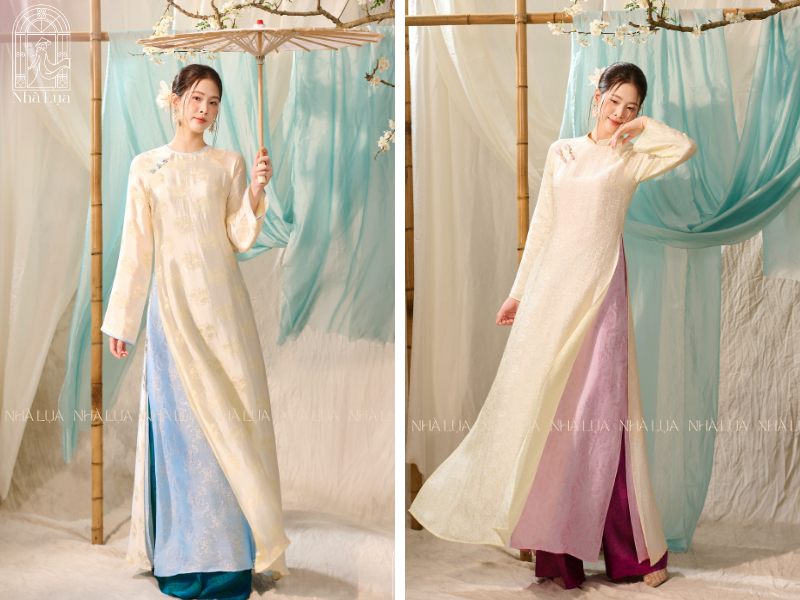 Quý cô trẻ trung nên chọn tone màu tươi sáng như xanh ngọc, hồng pastel hay vàng nhạt, dáng cách tân tay lỡ họa tiết hoa nhỏ thêu nhẹ nhàng trên lụa tơ tằm mềm mại, vừa rạng rỡ vừa