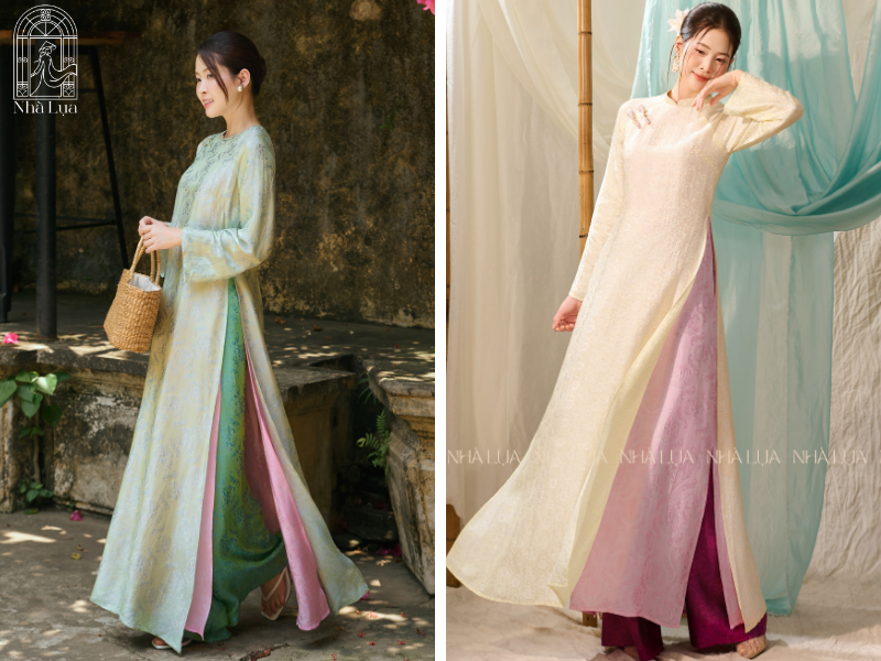 Áo dài 4 tà Nhà Lụa sang trọng, bay bổng với gam màu đỏ đô, tím than, xanh ngọc, vàng đồng, nhận đặt may theo số đo hoàn thành trong 7 đến 10 ngày