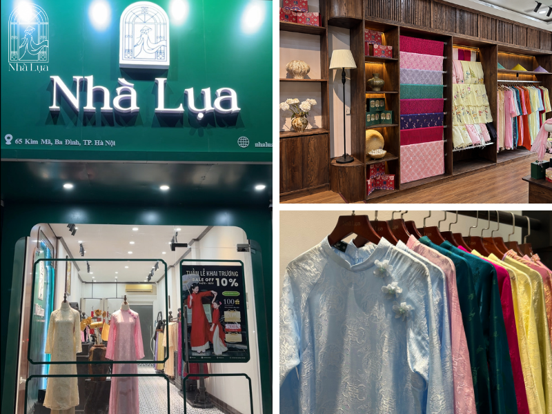 Quý khách có thể ghé showroom Nhà Lụa để trải nghiệm chất liệu, thử phom dáng và nhận tư vấn tận tình. Bộ sưu tập áo dài độc quyền từ thương hiệu KINA luôn chờ đón bạn tại Nhà