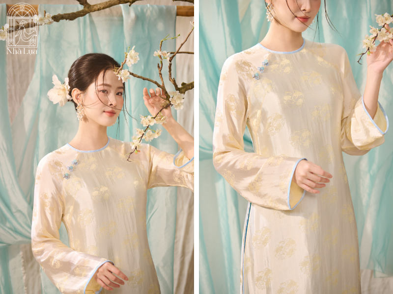 Áo dài suông Nhà Lụa may từ tơ tằm dệt tay mềm rủ, khéo giấu khuyết điểm và tôn nét phúc hậu, là món quà tặng thanh lịch, dễ chọn mà không lo ngại về số đo