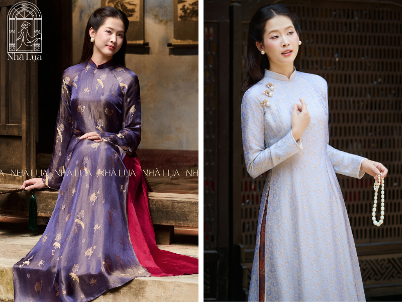 Họa tiết áo dài lụa lấy cảm hứng từ hoa cúc, hoa sen mang vẻ đẹp dịu dàng, thanh thoát. Cúc nhỏ thêu tay gợi nét nhã nhặn, cúc đại đóa kết sen đứng lại đài các, quý phái hơn, hợp