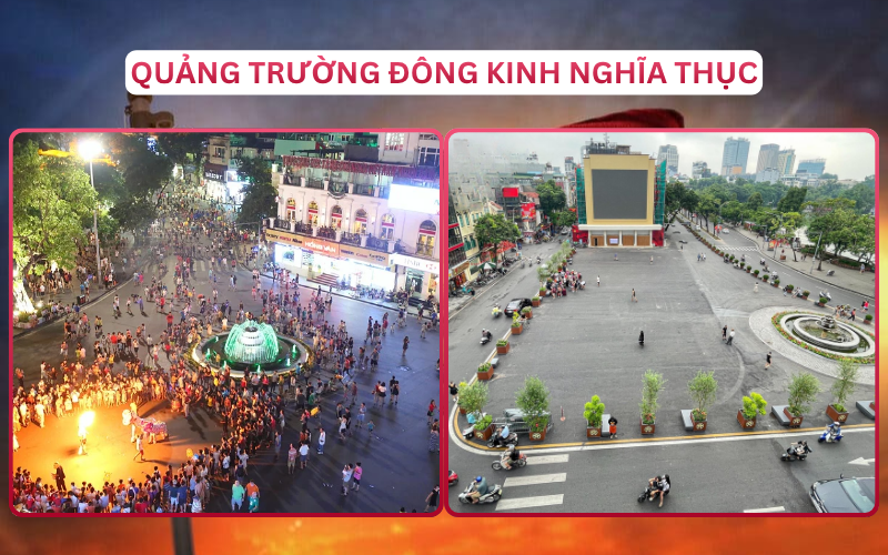 Diện áo dài lụa tơ tằm giữa Quảng trường Đông Kinh Nghĩa Thục rực rỡ cờ hoa. Hãy chọn góc chụp Tháp Rùa, đền Ngọc Sơn để bức hình thêm chiều sâu văn hóa