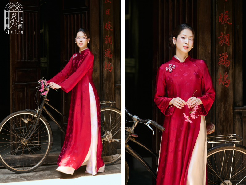 Áo dài cưới đỏ lụa Nha Xá đính kết thủ công lộng lẫy giúp tân nương hóa tâm điểm kiêu kỳ. Sắc đỏ viên mãn lưu giữ trọn vẹn những khung hình đậm bản sắc