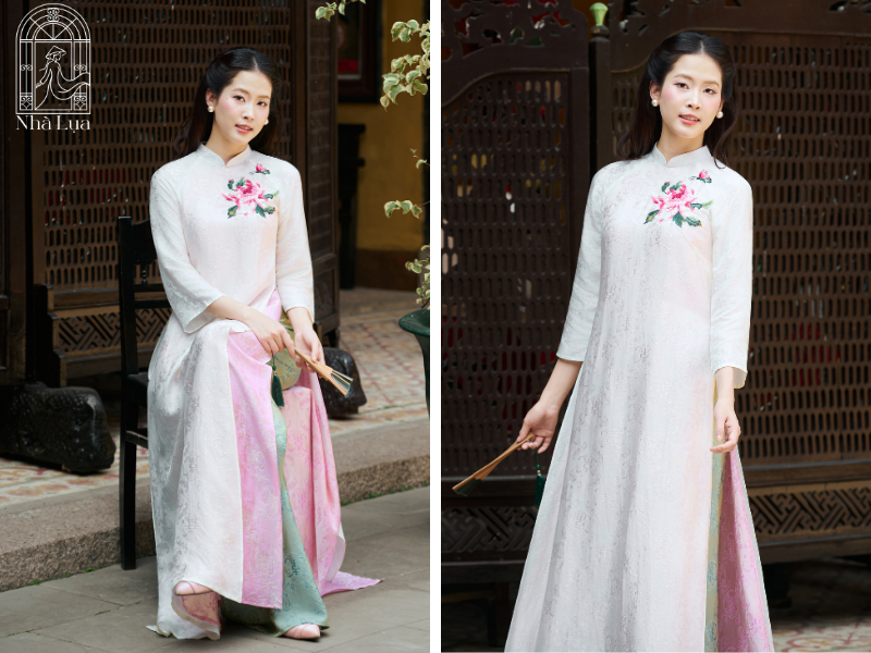 Lụa tơ tằm thật mịn mát, bắt sáng lì nhẹ, không bóng lộn như lụa pha nilon ngoài chợ. Vò nhẹ nhả nhăn ngay, thoáng khí cả ngày du xuân mà không bí bách