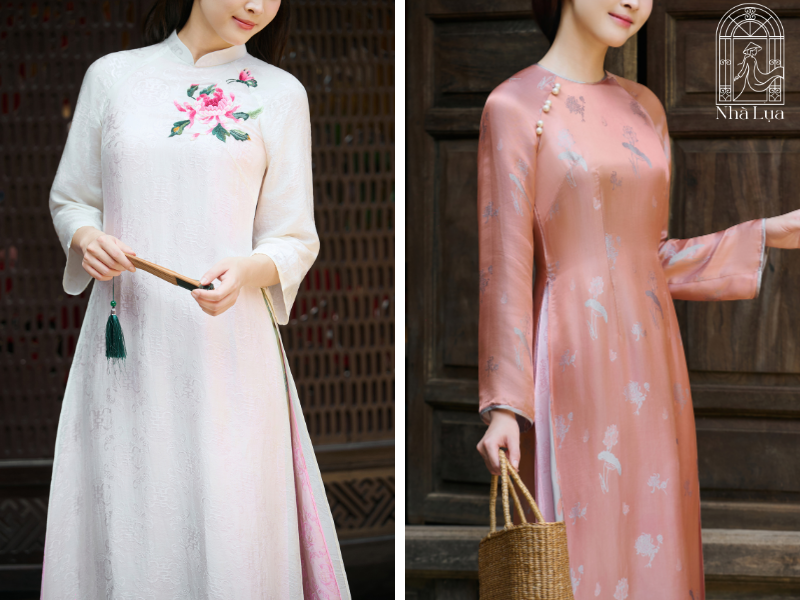 Áo dài thêu tay thủ công tỉ mỉ từng mũi kim tạo họa tiết nổi sống động, quyền quý. Áo dài cao cấp dệt chìm lại ẩn hiện tinh tế theo ánh sáng, bền bỉ và kín đáo hơn. Hai kỹ
