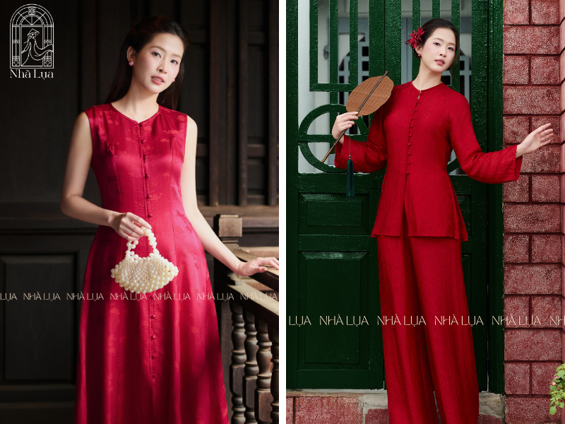 Bên cạnh áo dài, quý cô có thể diện váy lụa, pháp phục đỏ rực rỡ để linh hoạt dạo phố, cà phê mà vẫn trang nhã. Tham khảo thêm tại BST áo dài Nhà Lụa