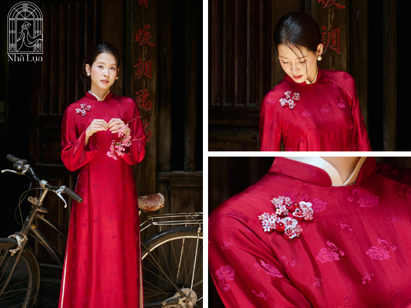 Lụa tơ tằm Nha Xá mềm mượt, bóng tự nhiên đã là vẻ đẹp hoàn chỉnh. Không cần quá 3 món phụ kiện áo dài, lụa càng mượt càng nên giữ đơn giản