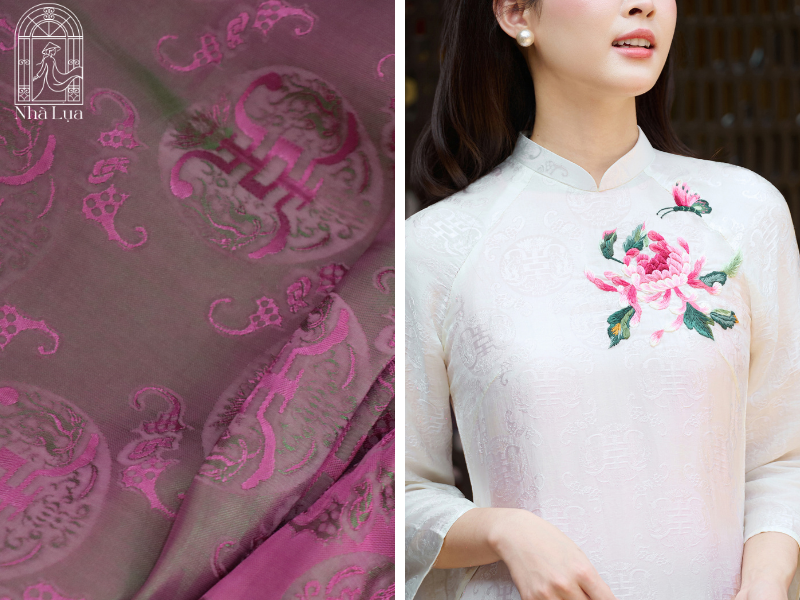 Mỗi chiếc áo dài thiết kế Nhà Lụa là tác phẩm độc bản trên nền lụa tơ tằm Nha Xá, với họa tiết thêu tay thủ công tỉ mỉ mà gấm công nghiệp không thể sánh được