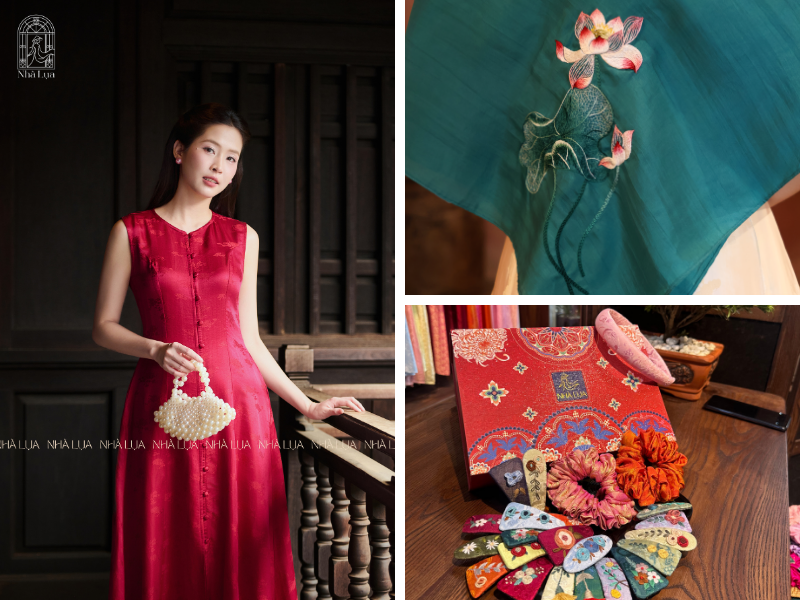 Phụ kiện lụa từ Nhà Lụa là điểm nhấn hoàn hảo. Khăn lụa điệu đà, cài hay kẹp tóc tơ tằm óng ả sẽ giúp mọi trang phục bừng sáng nét kiêu kỳ và thanh tao