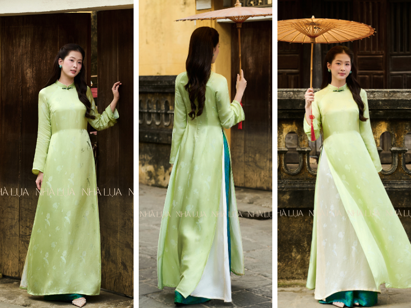 Xanh mạ dịu nhẹ trên lụa tơ tằm Nha Xá mang vẻ thanh xuân trong trẻo, nịnh da và khác biệt giữa ngày Tết. Diện sắc này đi du xuân, gương mặt bừng sáng tự nhiên dưới nắng mà không