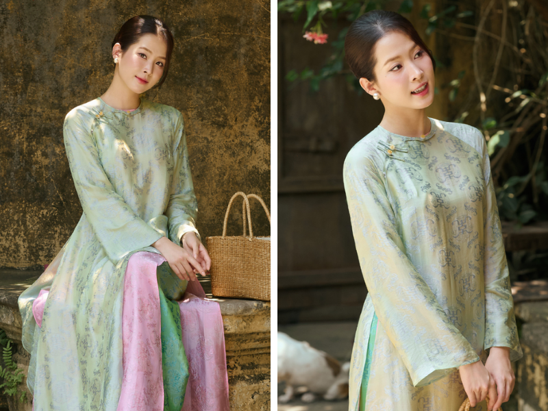 Áo dài 4 tà rủ nhẹ tạo hiệu ứng thon gọn tự nhiên, uyển chuyển bay bổng theo từng bước chân. Đường may Nhà Lụa ôm vừa vặn không gò bó, tôn nét kiêu sa quý phái mà vẫn tươi tắn