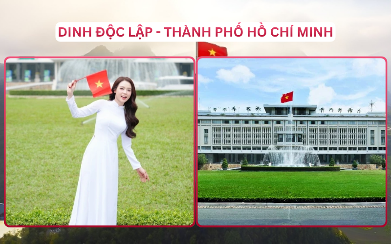 Dinh Độc Lập mang dấu ấn lịch sử với kiến trúc hoành tráng. Diện trang phục dạo phố lụa tơ tằm dạo bước tại đây sẽ tôn trọn nét duyên dáng, thanh lịch