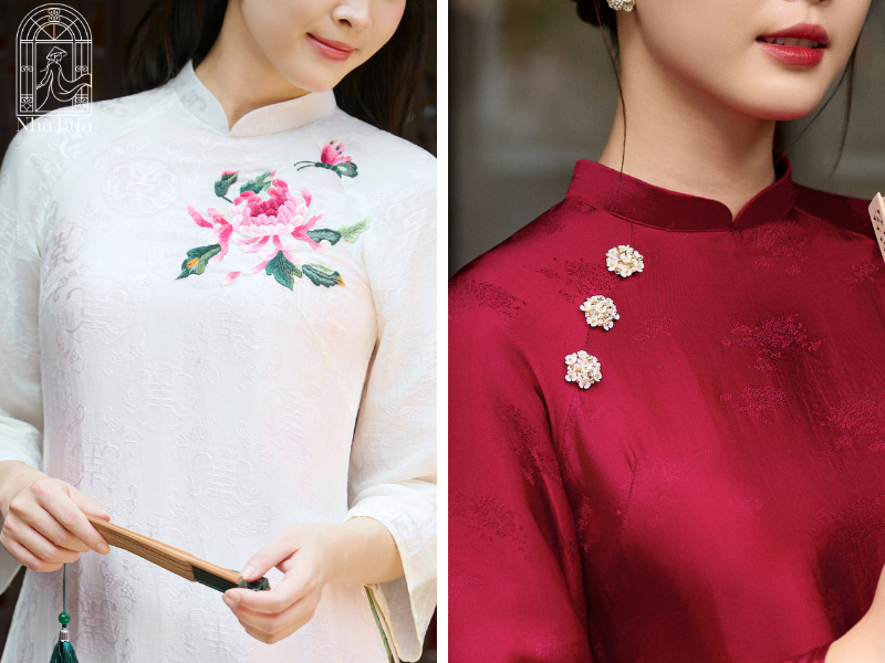 Họa tiết thêu tay thủ công từ nghệ nhân tạo nên tác phẩm độc bản, điều in nhiệt hay thêu máy không thể thay thế, nên giá áo dài lụa thêu đính thủ công luôn cao hơn nhưng sang trọng