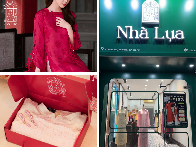 Nhà Lụa gửi gắm vẻ đẹp thanh lịch vào từng áo dài cưới, may từ lụa tơ tằm Nha Xá với phom dáng tinh tế. Cô dâu có thể ghé showroom Hà Nội hoặc Đà Nẵng để được tư vấn
