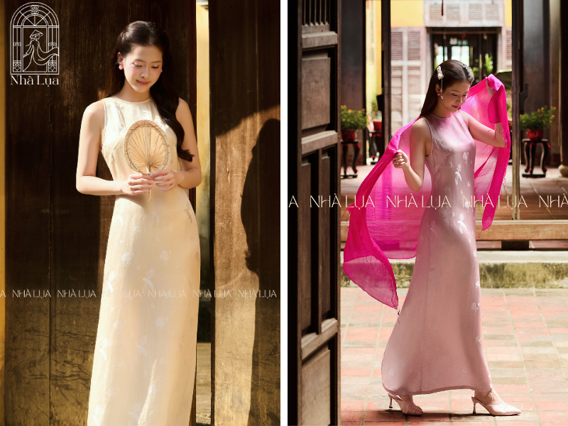 Váy lụa dáng dài qua gối từ lụa tơ tằm Nha Xá cổ tròn hoặc cổ thuyền, tay lỡ hoặc tay dài — kín đáo nơi linh thiêng, sang trọng khi tiệc chay, trang phục đi lễ chùa lịch sự và đa năng