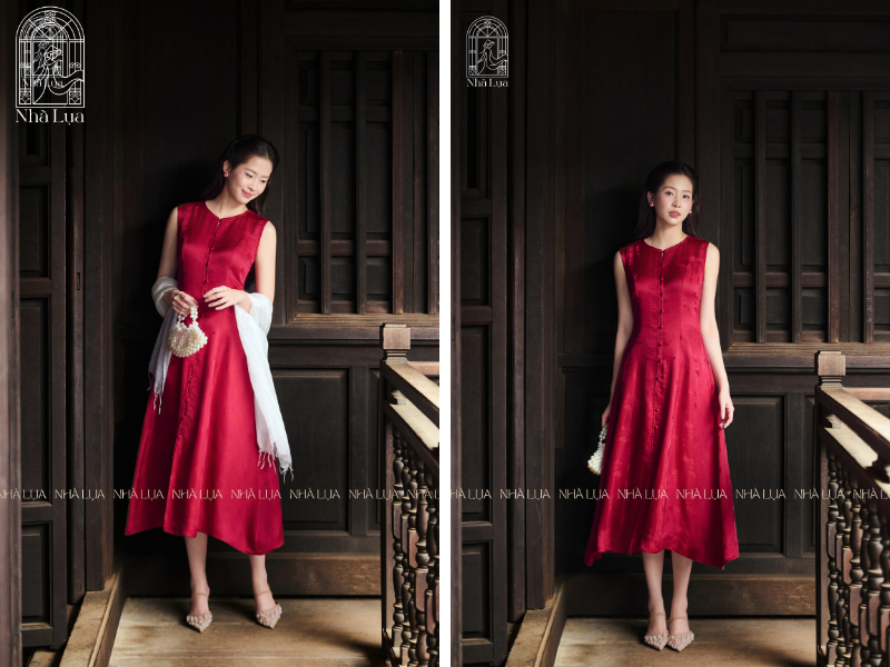 Với váy lụa đỏ rực rỡ, nàng chỉ cần khẽ cúi nhìn e ấp bên chiếc khăn mỏng, hoặc thả lỏng tĩnh tại hướng ống kính là đủ toát lên vẻ đài các, sang trọng