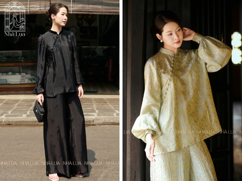 Set bộ lụa áo kiểu và quần dài đồng điệu từ lụa tơ tằm Nha Xá mềm rủ, thoáng mát — mặc gì ngày Vu Lan vừa hiện đại vừa chỉn chu, tự tin di chuyển suốt buổi lễ mà vẫn thanh