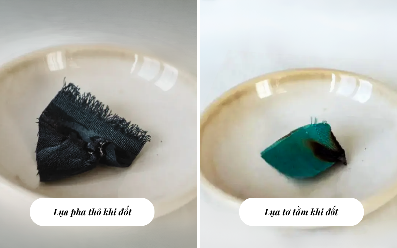 Lụa tơ tằm khi đốt cháy chậm, mùi khét như tóc và tro bóp vụn tan ngay, còn lụa pha thô nóng chảy lập tức, cuộn thành hạt cứng và có mùi hóa chất nhựa