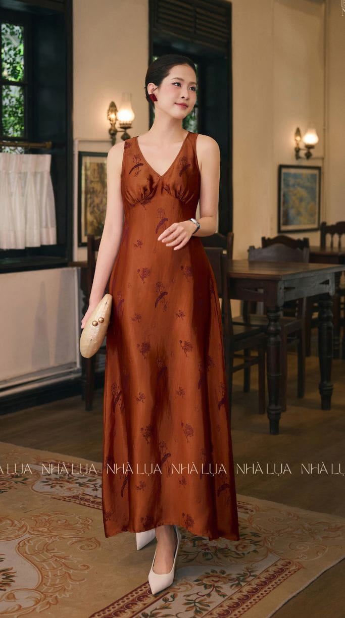 Váy Lụa Uyển Hạ Màu Nâu Cam Lụa Tơ Tằm Nha Xá Cao Cấp