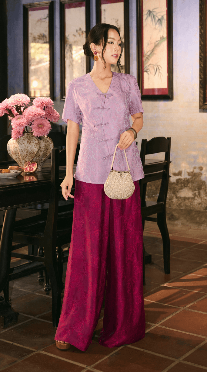 Set Bộ Hạnh Chi Màu Tím Hồng Đậm Lụa Tơ Tằm Nha Xá Cao Cấp